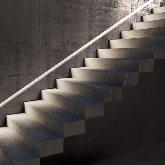 Abstract concrete interior with cantilevered stairs on the wall, 3d illustration